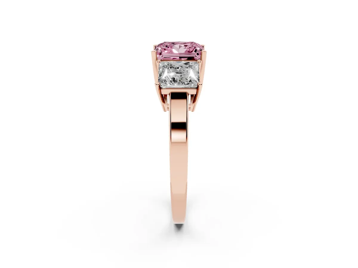Fancy Pink Three-Stone Princess Cut Cut Diamond Engagement Ring with Flat Band and Four-Prong Setting Rose gold