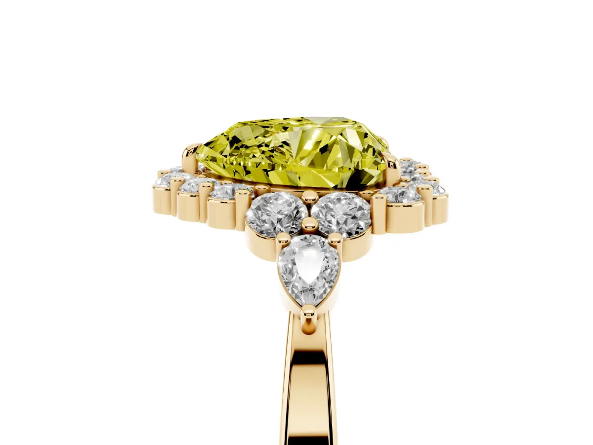 Fancy Yellow Heart Cut Diamond Halo Ring with Pear Side Stones and Prong Setting Yellow gold