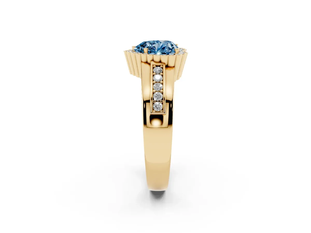 Fancy Blue Heart Cut Cut Halo Pave Band Four-Prong Ring Yellow gold
