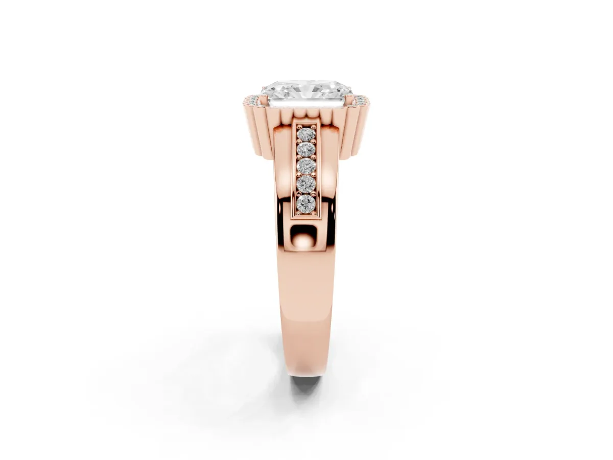 Radiant Cut Cut Halo Pave Band Four-Prong Ring Rose gold