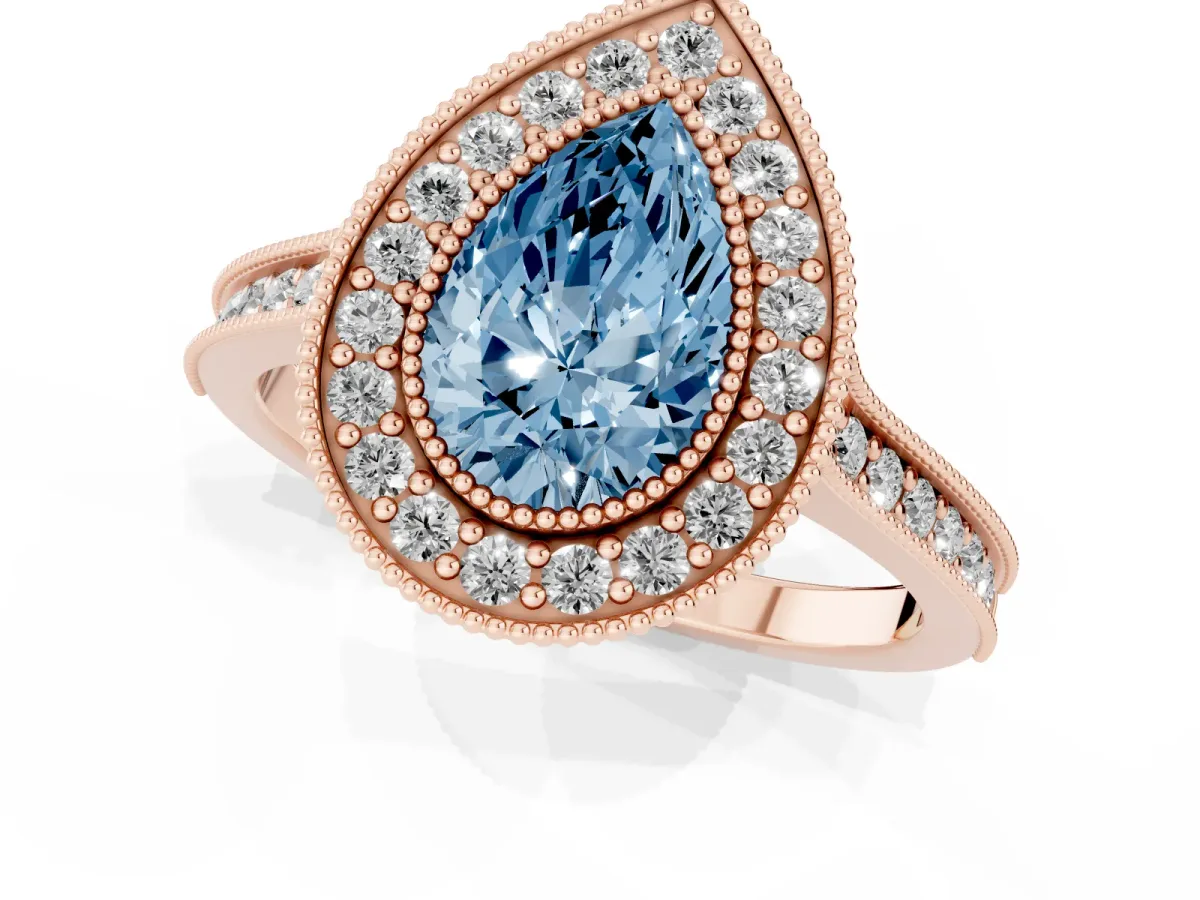 Fancy Blue Halo Pear Cut-Cut Diamond Pave Band Milgrain Prong Setting Ring Rose gold