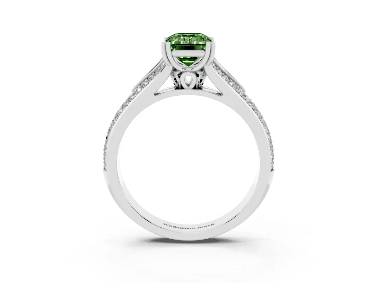 Fancy Green Emerald Cut Diamond Split Shank Engagement Ring with Pavé Band Silver