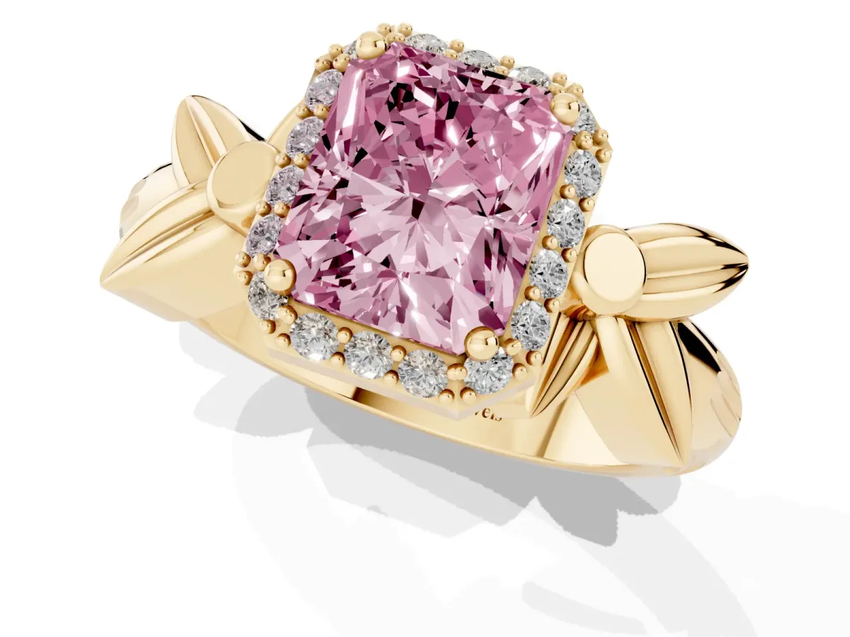 Fancy Pink Radiant Cut Halo Diamond Floral Band with Four-Prong Setting Yellow gold