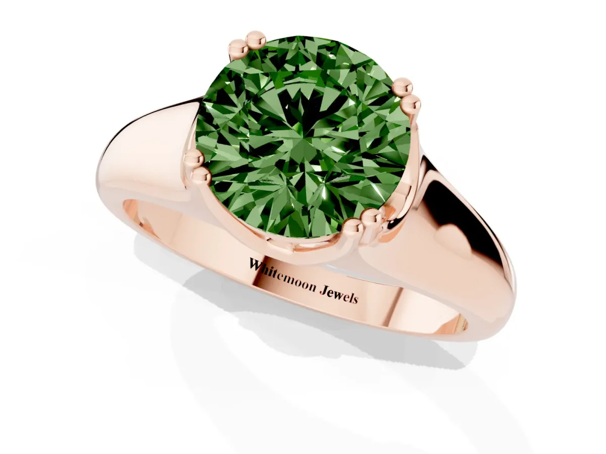 Fancy Green Round Cut Diamond Solitaire Ring with Wide Band and Prong Setting Rose gold