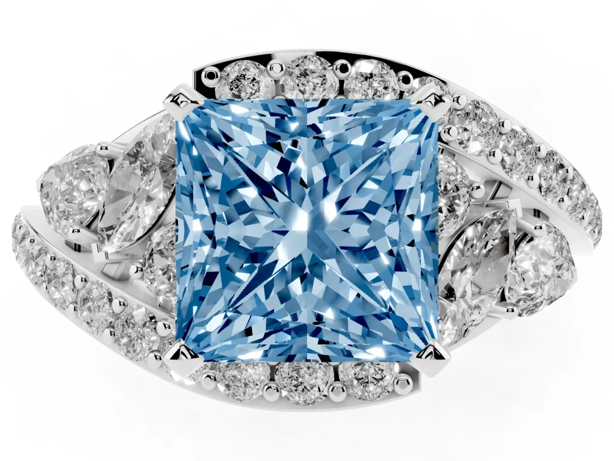 Fancy Blue Princess Cut Diamond Halo Ring with Marquise and Pavé Band in Prong Setting White gold