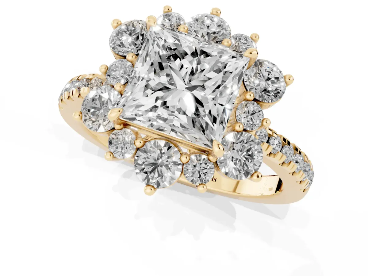 Princess Cut Diamond Floral Halo Ring with Round Pavé Band and Prong Setting Yellow gold