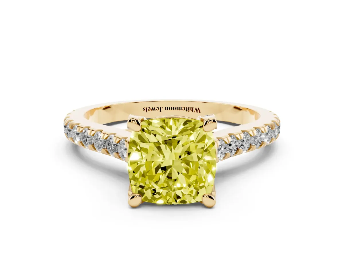 Fancy Yellow Cushion Cut Brilliant Diamond Solitaire with Pavé Band and Four-Prong Setting Yellow gold