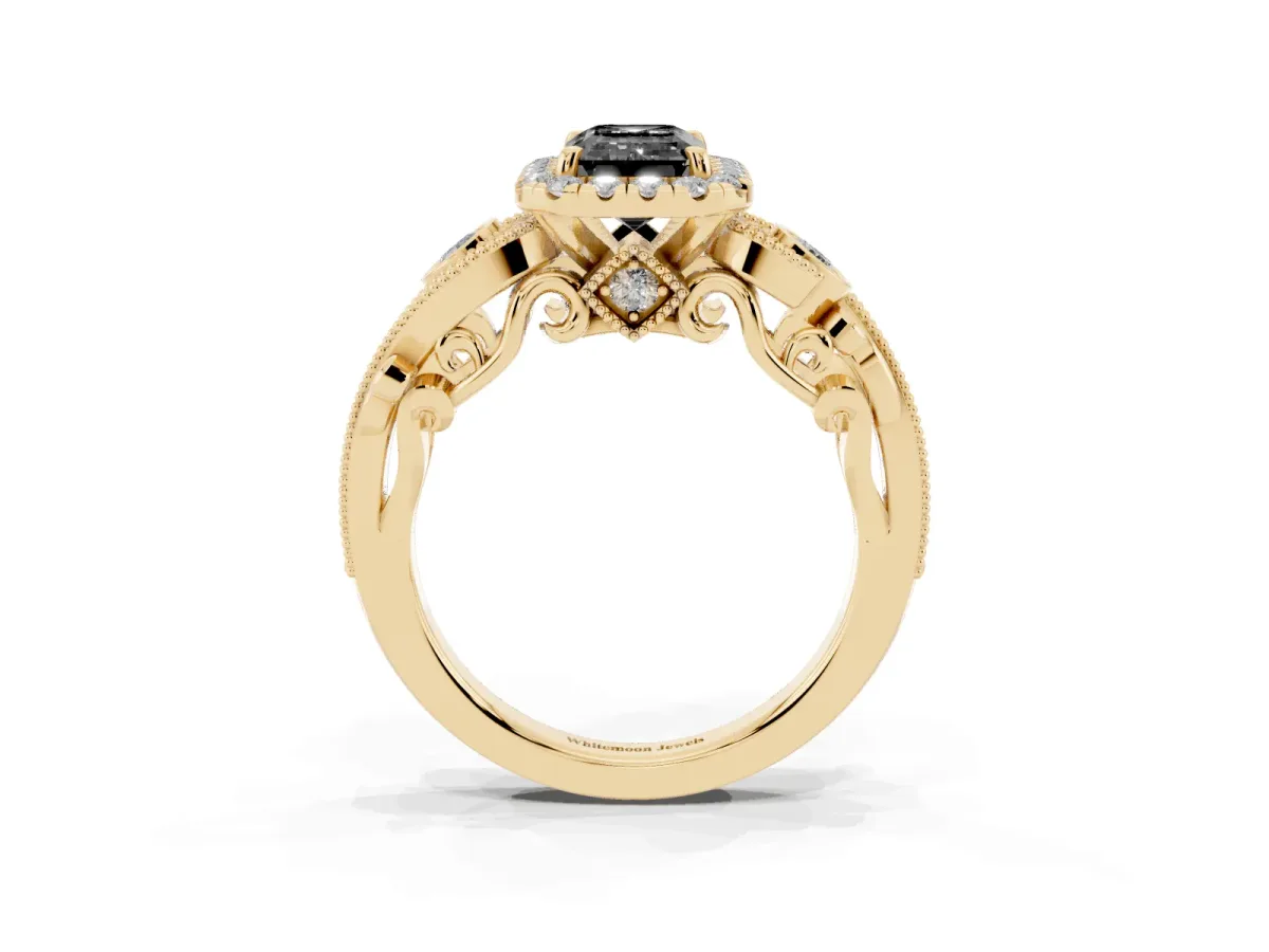 Fancy Black Emerald Cut Halo Diamond Ring with Milgrain and Bezel Accents on a Split Shank Band Yellow gold