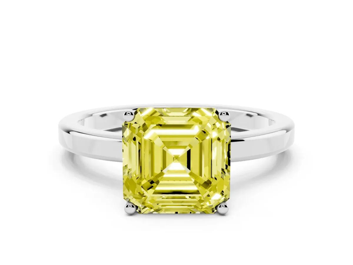Fancy Yellow Asscher Cut Cut Solitaire Engagement Ring with Four-Prong Setting on a Classic Band Platinum