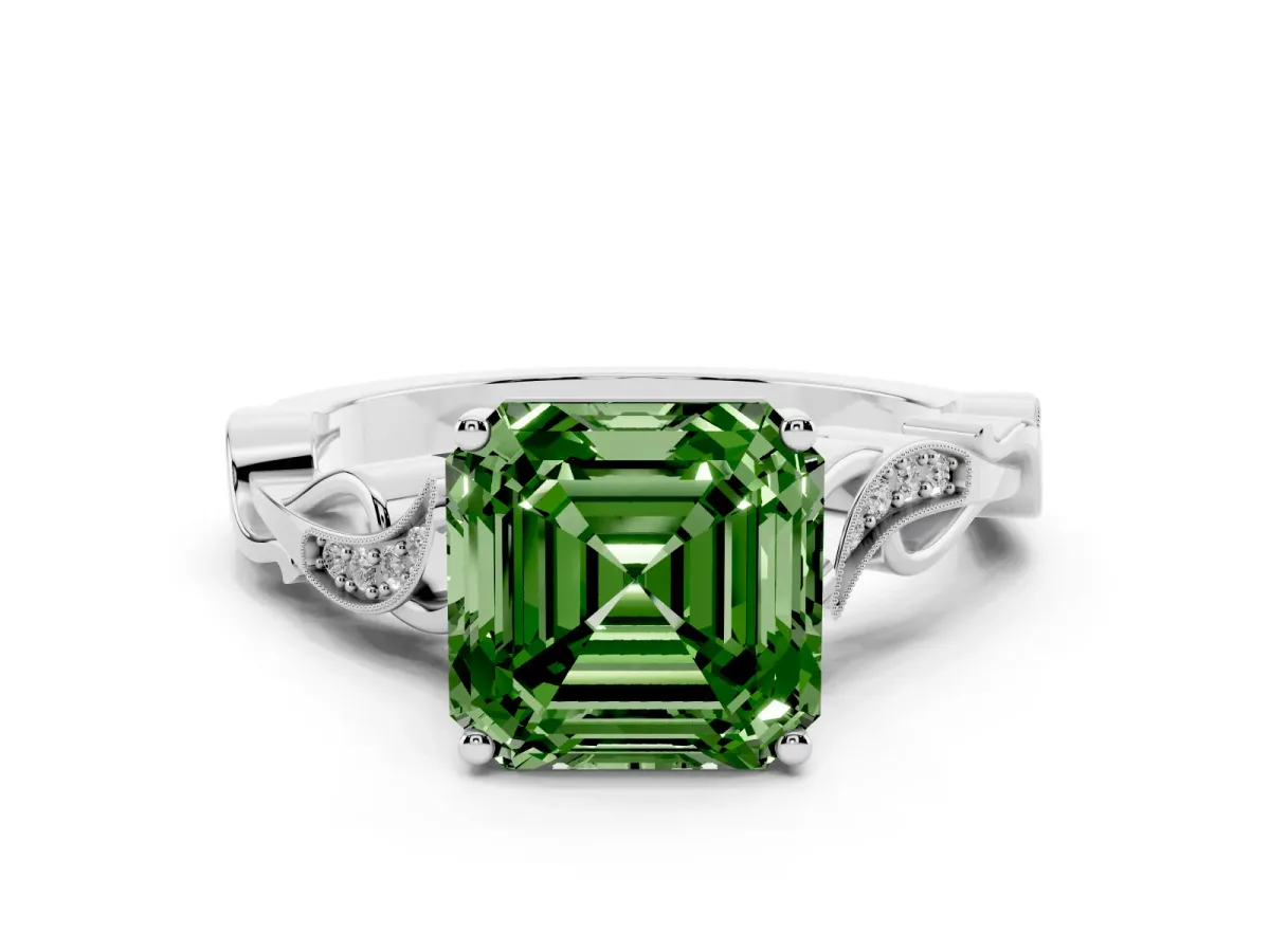 Fancy Green Asscher Cut Solitaire Vine Band with Milgrain Prong Setting Silver