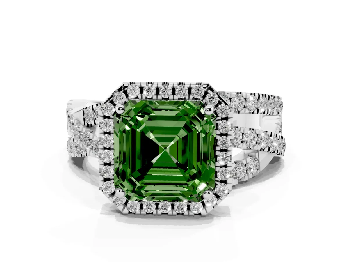 Fancy Green Asscher Cut Diamond Halo Ring with Round Split Shank and Prong Setting Silver