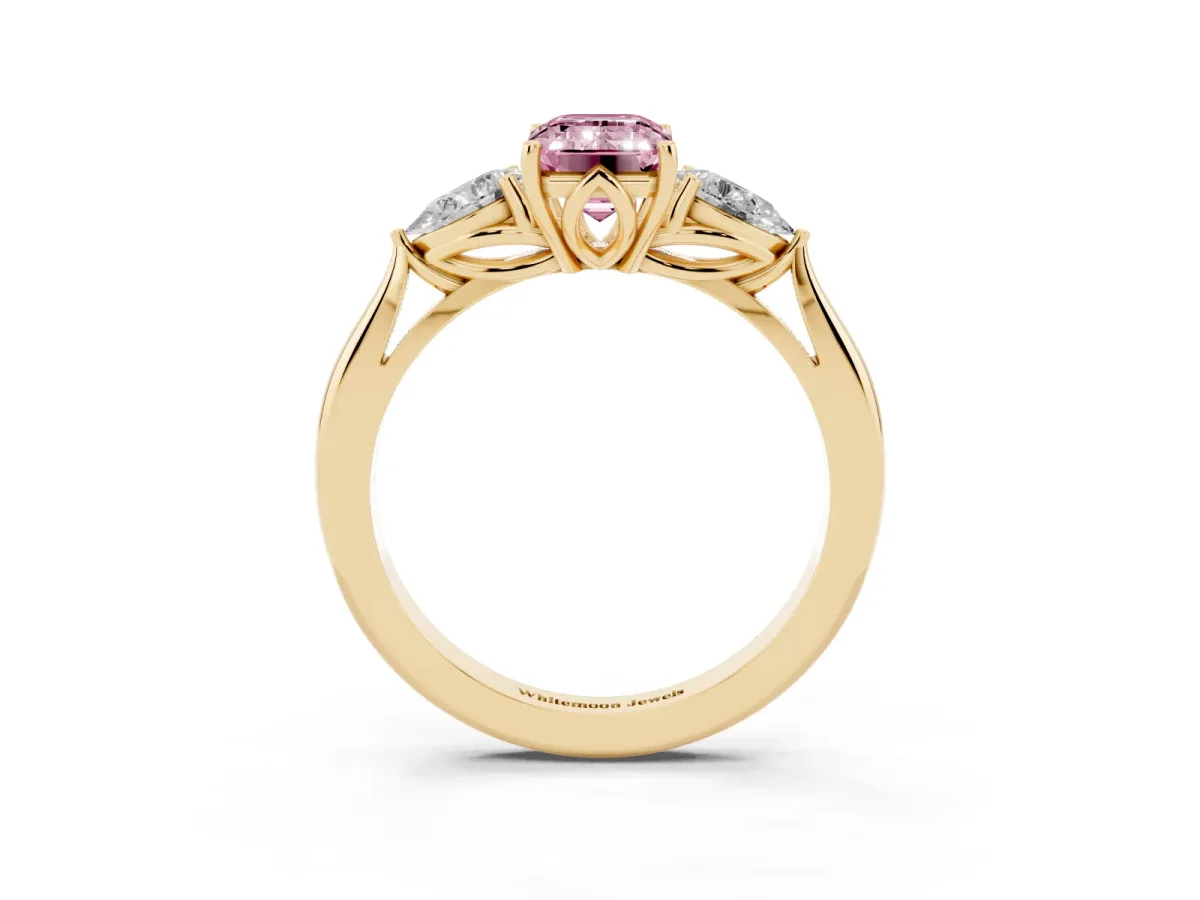 Fancy Pink Emerald Cut Diamond Three-Stone Ring with Pear Side Stones and Prong Setting Yellow gold