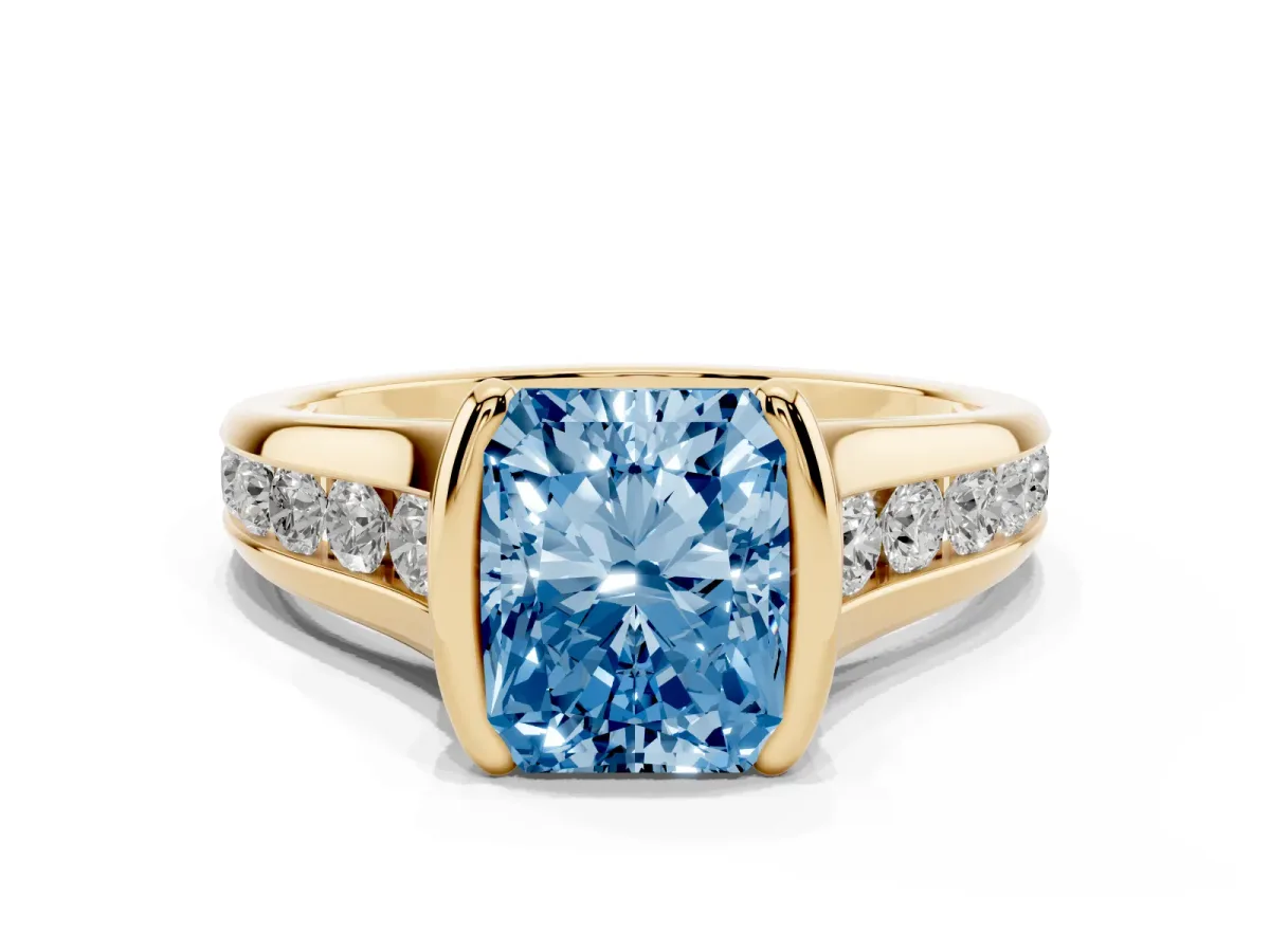 Fancy Blue Radiant Cut Solitaire Bezel-Set Diamond Ring with Channel-Set Band Yellow gold
