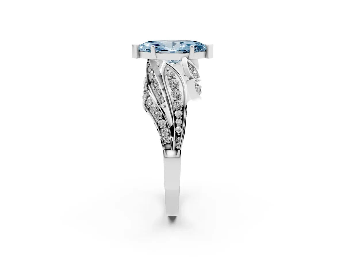 Fancy Blue Marquise Cut Diamond Solitaire Ring with Prong Setting and Twisted Pavé Band Silver