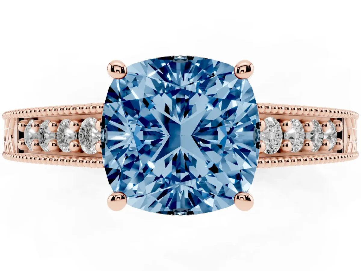Fancy Blue Cushion Cut Solitaire Pavé Diamond Milgrain Engagement Ring with Four-Prong Setting Rose gold