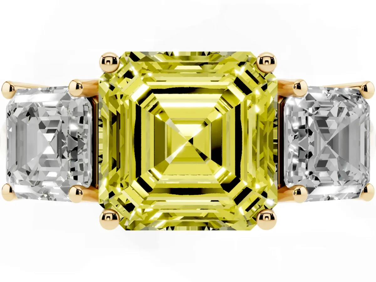 Fancy Yellow Three-Stone Asscher Cut Diamond Engagement Ring with Prong Setting Yellow gold