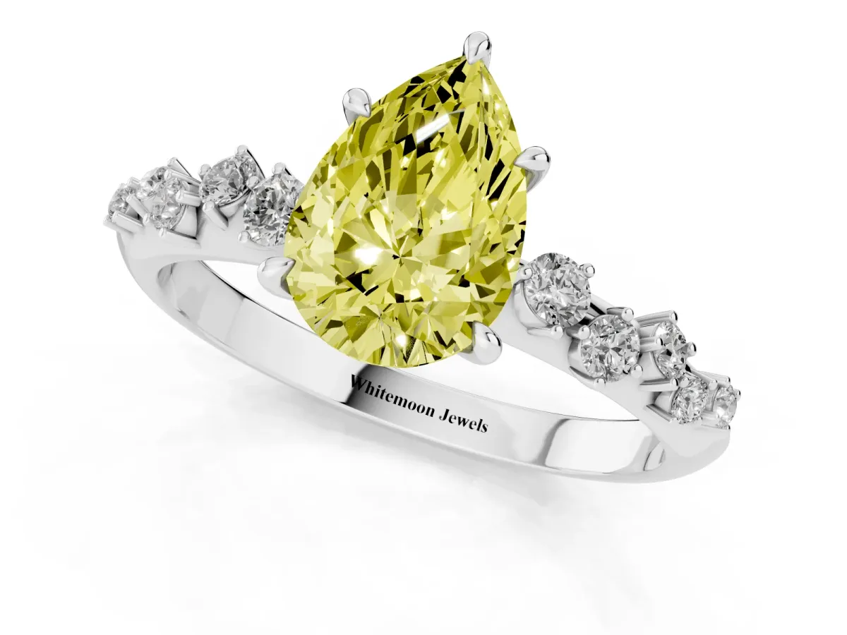 Fancy Yellow Pear Cut Diamond Cluster Side Stone Solitaire Ring with Prong Setting Silver