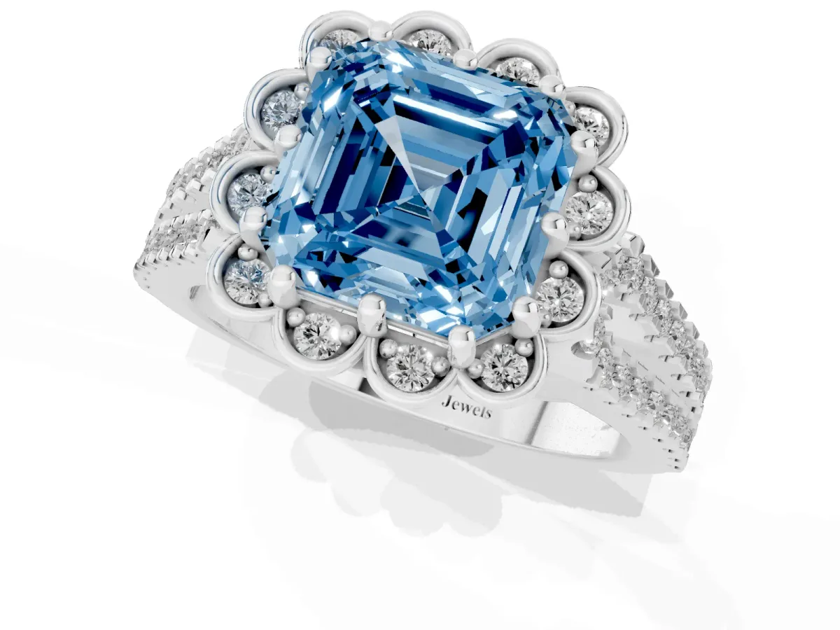 Fancy Blue Asscher Cut Halo Diamond Floral Split Shank Engagement Ring Platinum