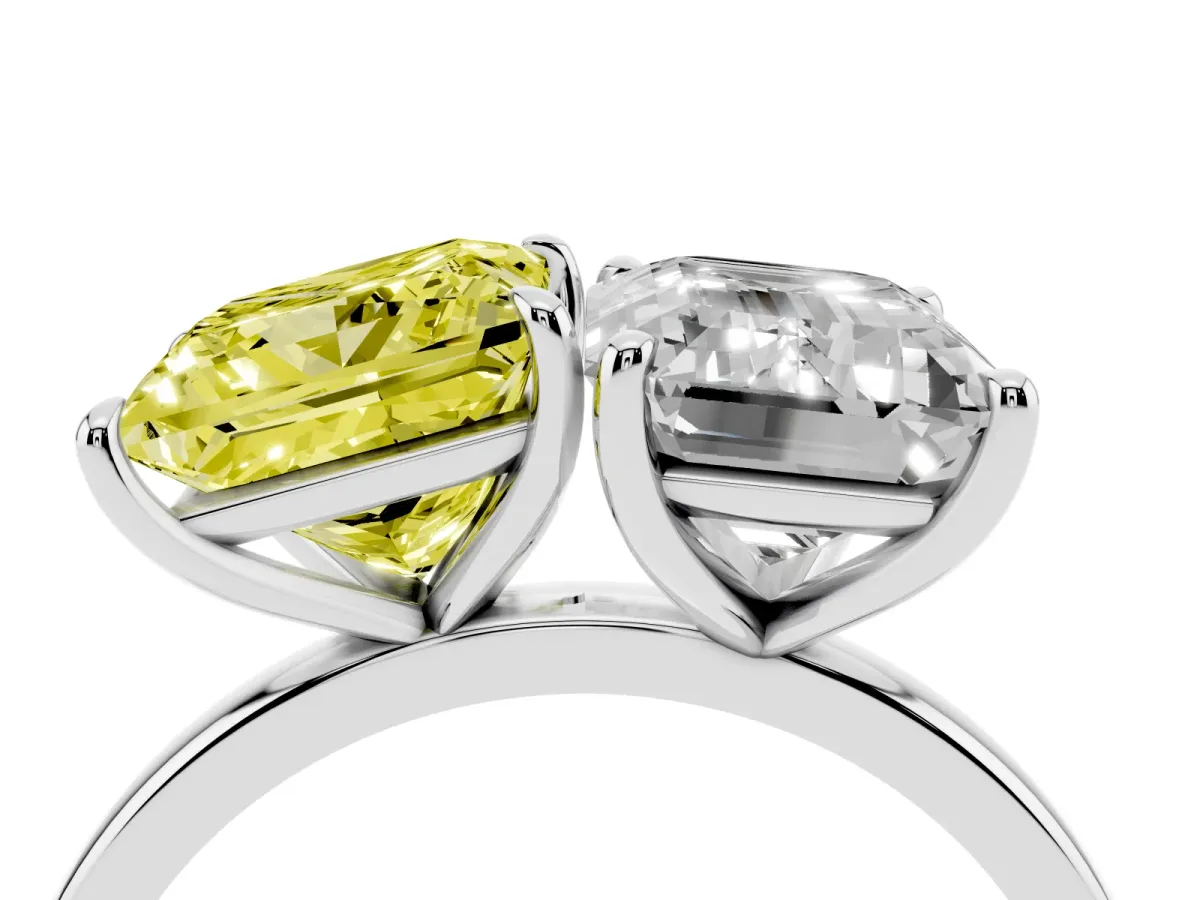 Fancy Yellow Princess Cut and Emerald Cut Toi Moi Ring with Prong Setting Silver