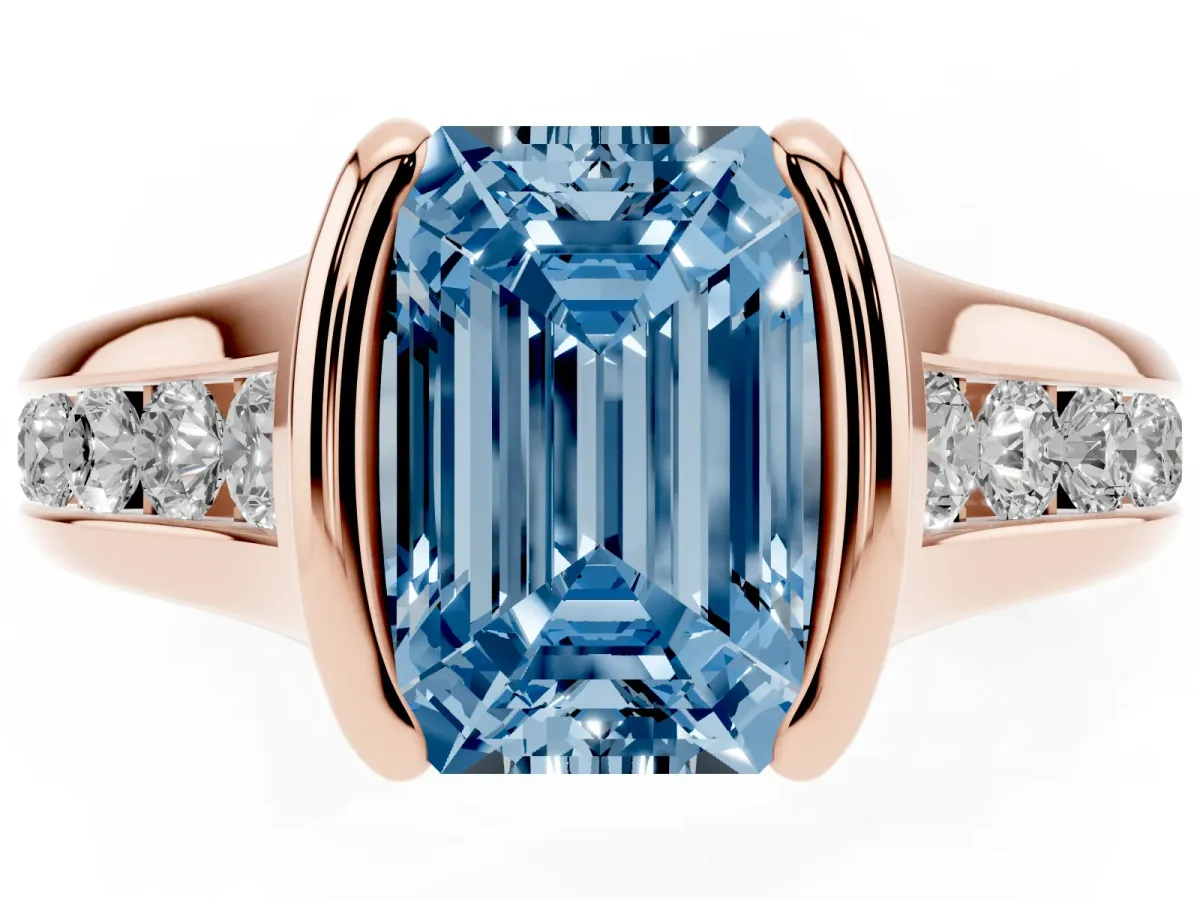 Fancy Blue Emerald Cut Solitaire Bezel-Set Diamond Ring with Channel-Set Band Rose gold