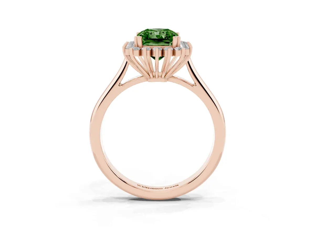 Fancy Green Radiant Cut Cut Diamond Halo Ring with Solitaire Band and Prong Setting Rose gold