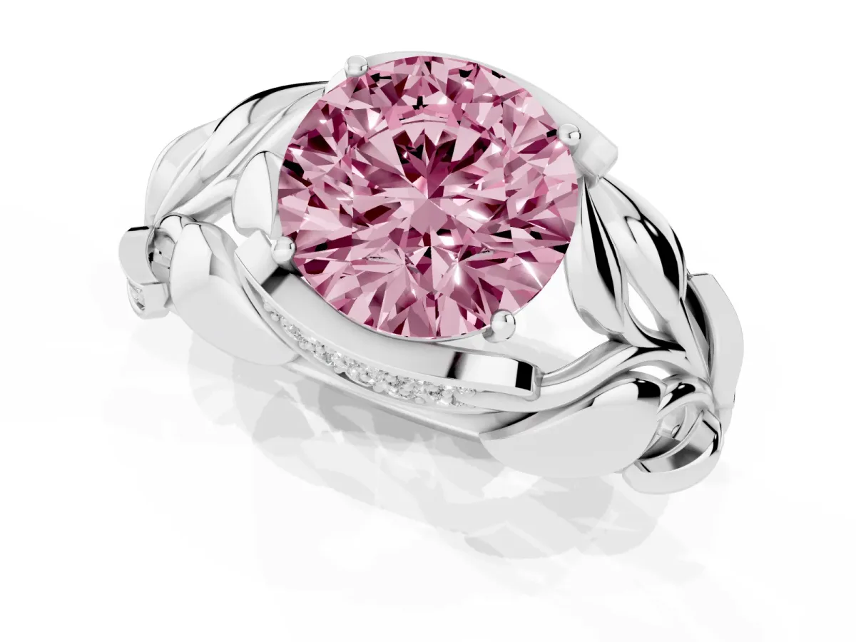 Fancy Pink Round Cut Diamond Leaf-Inspired Engagement Ring with Round Accents and Prong Setting White gold