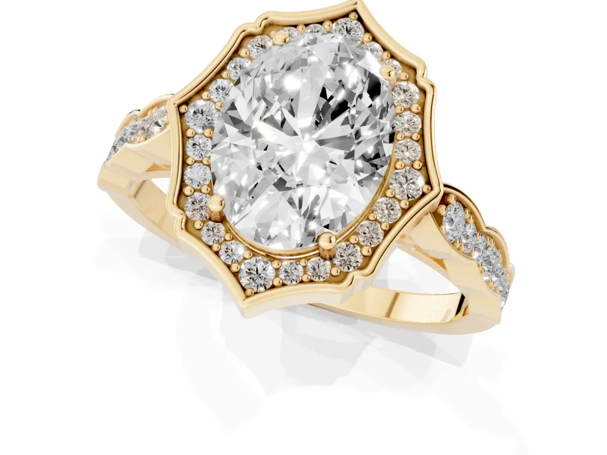 Oval Cut Halo Diamond Engagement Ring with Milgrain Band and Four-Prong Setting Yellow gold