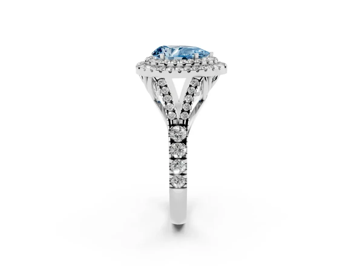Fancy Blue Pear Cut Diamond Double Halo Ring with Split Shank and Prong Setting White gold