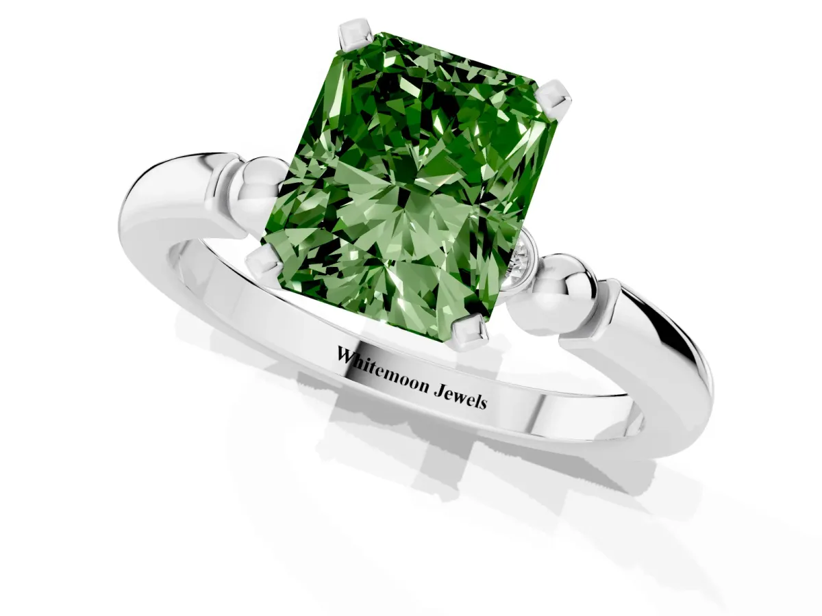 Fancy Green Radiant Cut Solitaire Beaded Band with Four-Prong Setting Silver