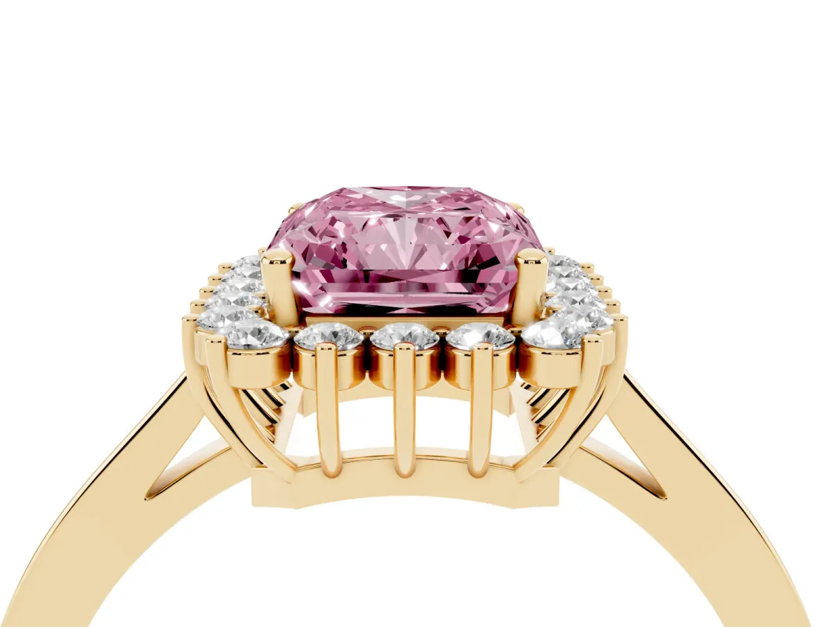 Fancy Pink Radiant Cut Cut Diamond Halo Ring with Round Brilliant Halo and Solitaire Band Yellow gold