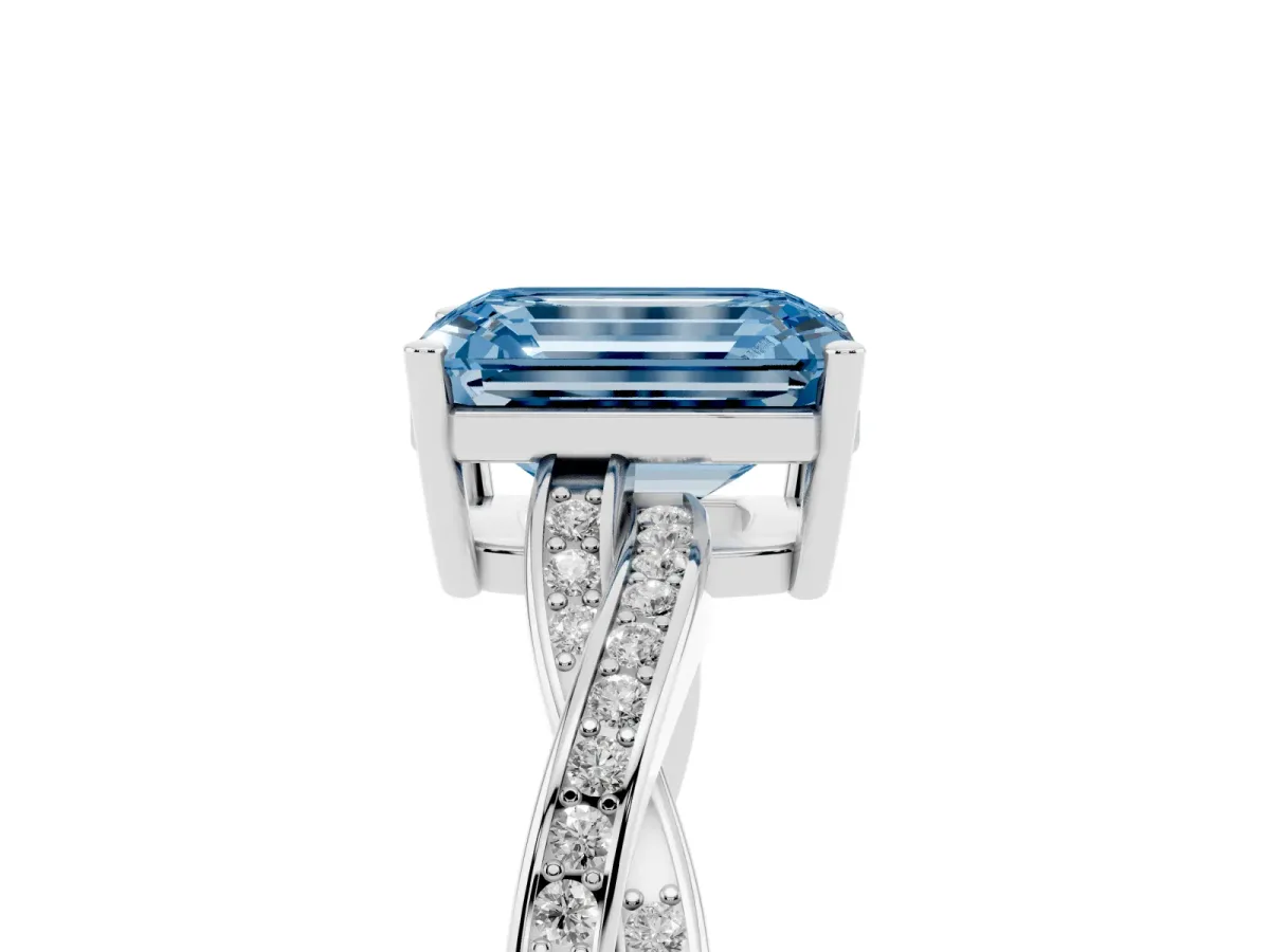 Fancy Blue Emerald Cut Solitaire Twisted Pave Diamond Ring with Four-Prong Setting White gold