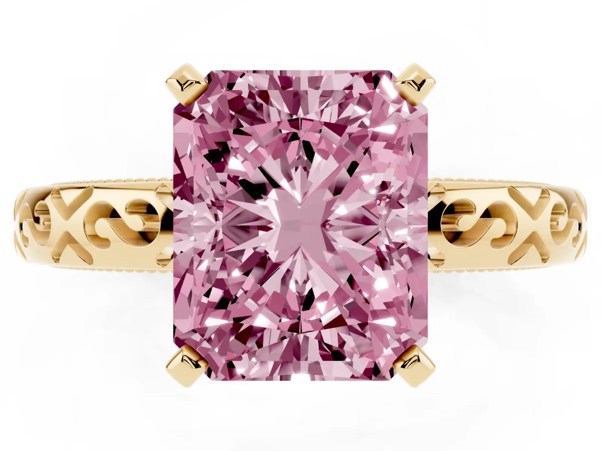 Fancy Pink Radiant Cut Solitaire Engagement Ring with Scrollwork Band and Four-Prong Setting Yellow gold