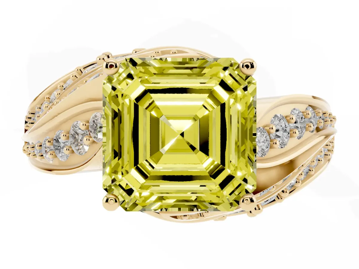 Fancy Yellow Asscher Cut Diamond Solitaire Ring with Prong Setting and Twisted Pavé Band Yellow gold