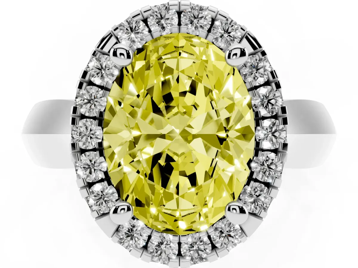 Fancy Yellow Oval Cut Cut Halo Solitaire Engagement Ring with Square Band and Four-Prong Setting Silver