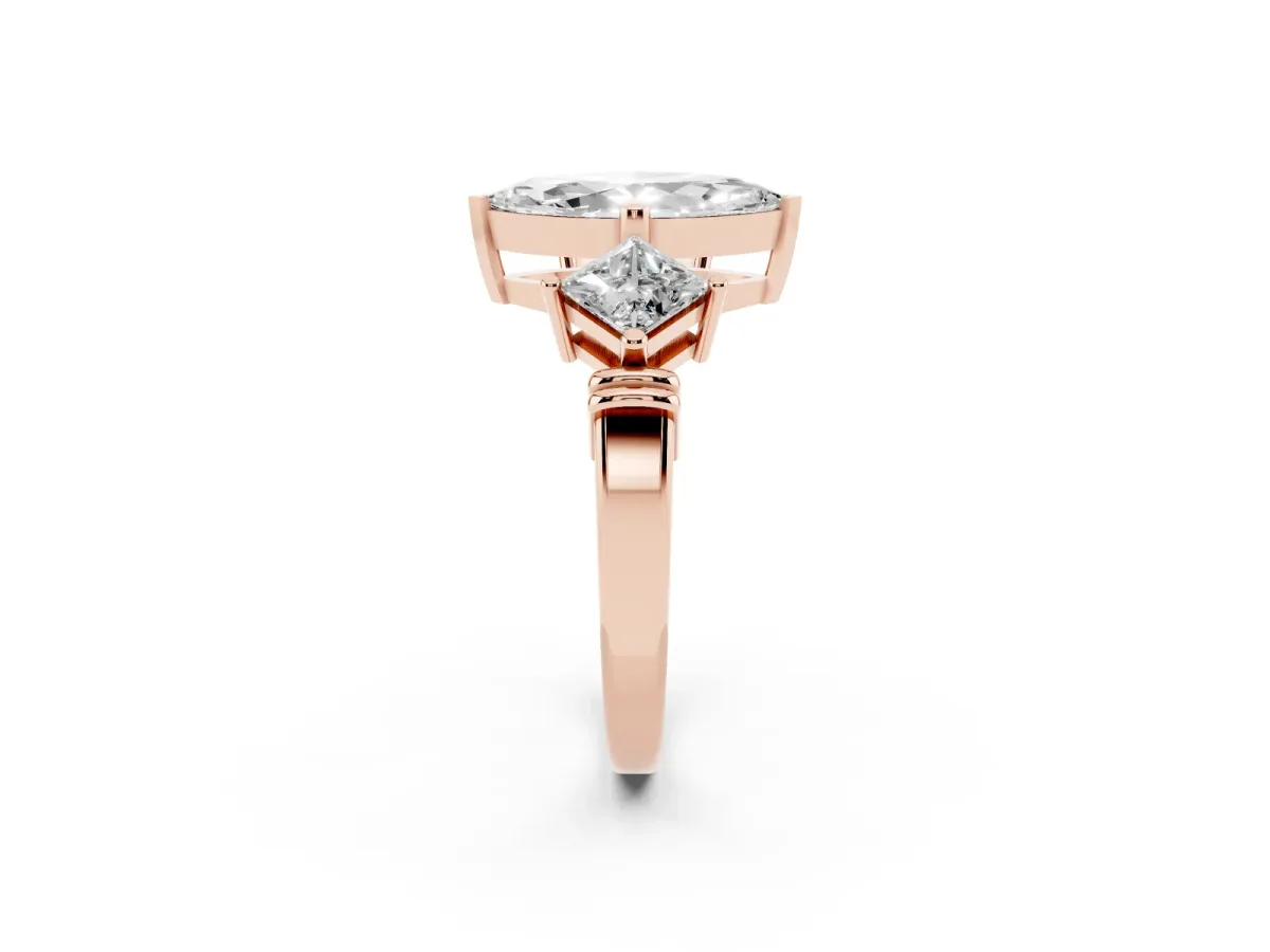 Three-Stone Marquise Cut and Princess Cut Diamond Ring with Channel Band and Four-Prong Setting Rose gold