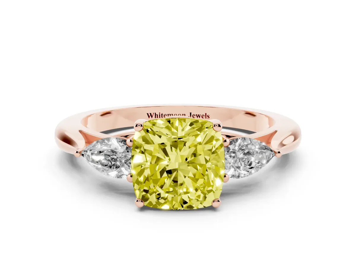 Fancy Yellow Three-Stone Cushion Cut Brilliant Diamond Solitaire Ring with Tapered Band and Four-Prong Setting Rose gold