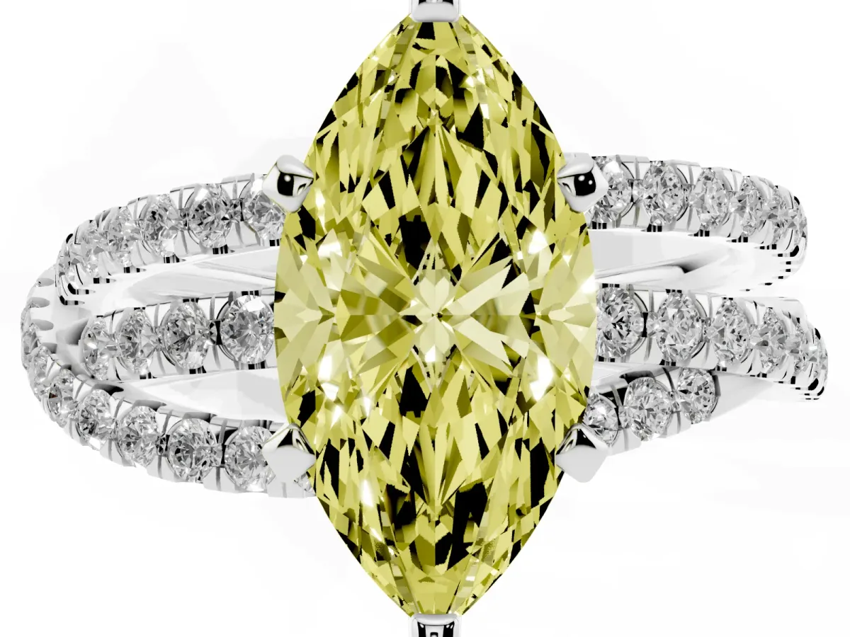 Fancy Yellow Marquise Cut Solitaire Twist Band with Pavé Setting and Four-Prong Setting Platinum