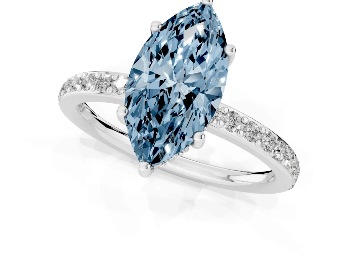 Fancy Blue Marquise Cut Cut Diamond Pavé Band Ring with Four-Prong Setting Platinum