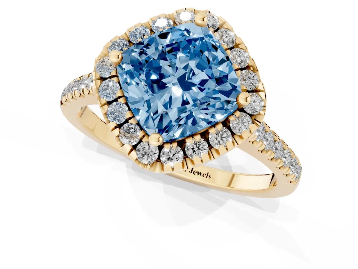 Fancy Blue Cushion Cut Diamond Cushion Halo Ring with Pavé Band Yellow gold