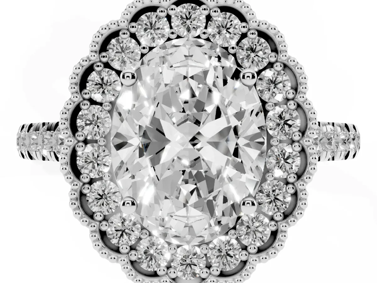 Oval Cut Cut Diamond Milgrain Floral Halo Engagement Ring with Pavé Band White gold