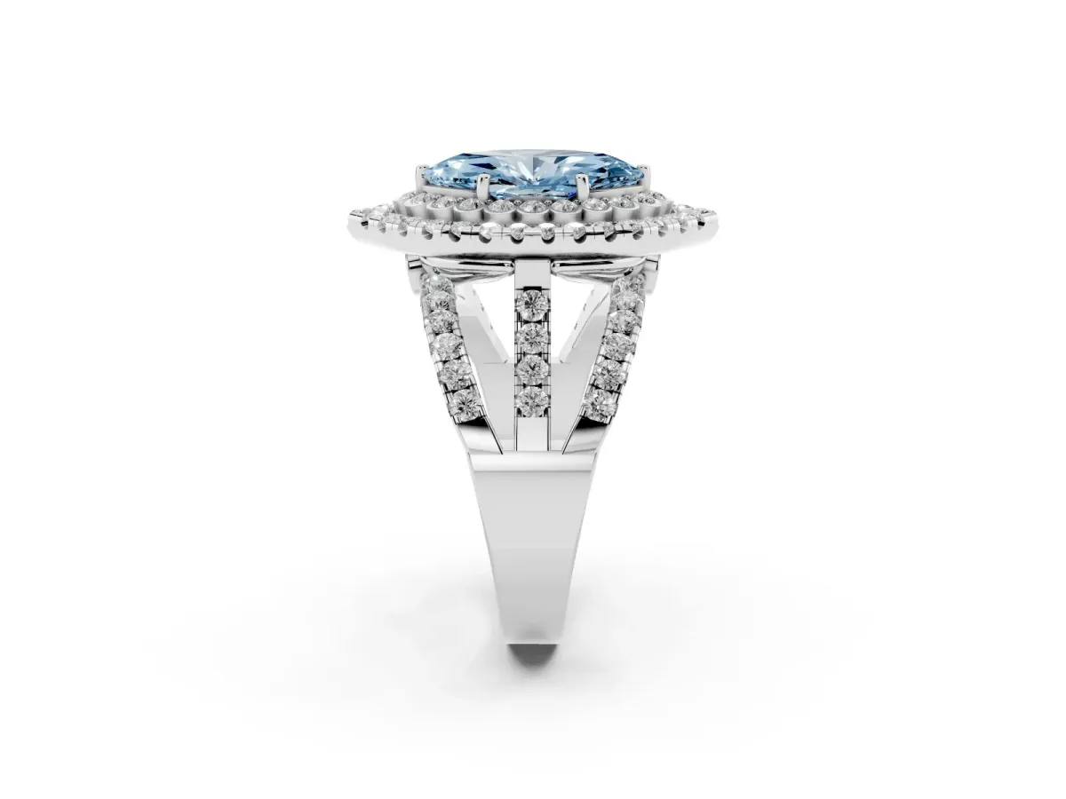 Fancy Blue Marquise Cut Diamond Double Halo Ring with Round Pavé Split Shank and Prong Setting Silver