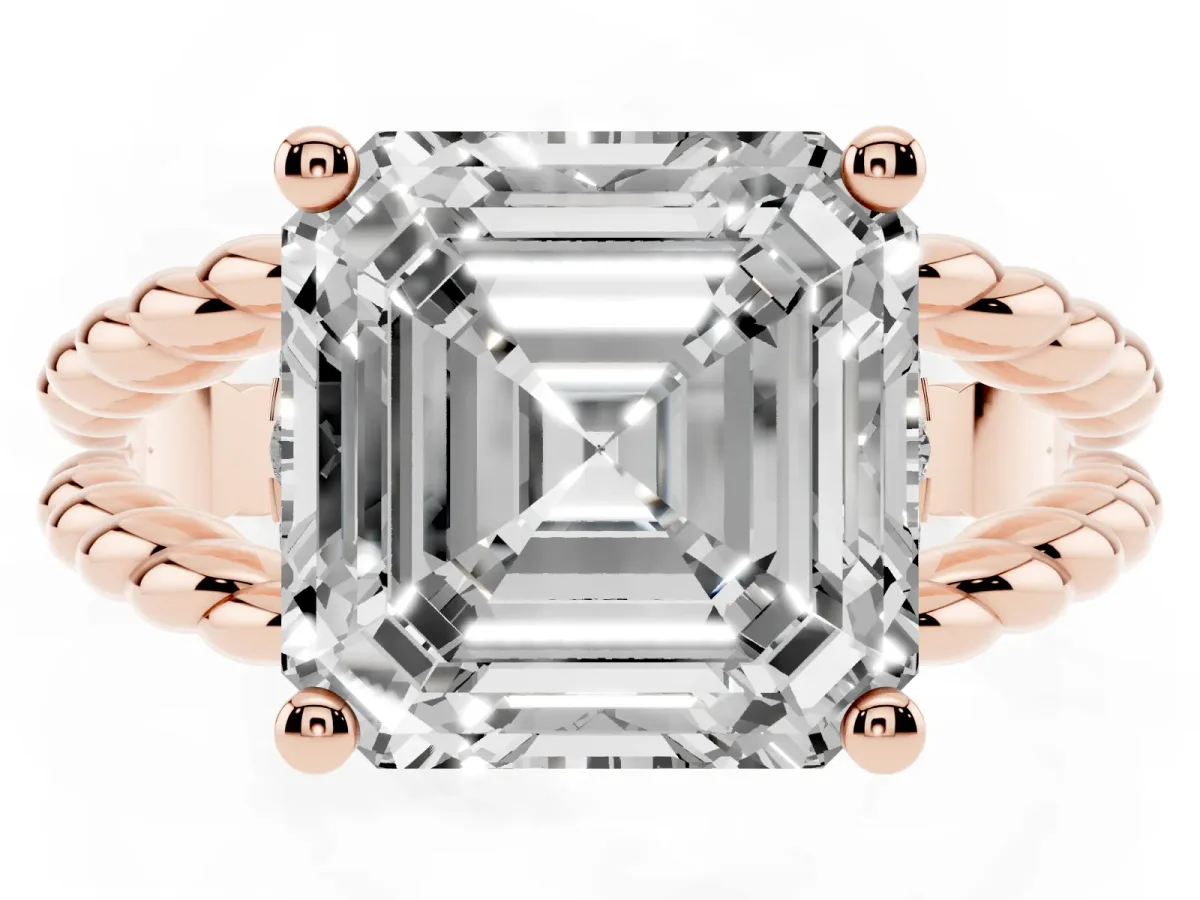 Asscher Cut Halo Twisted Band Four-Prong Ring Rose gold