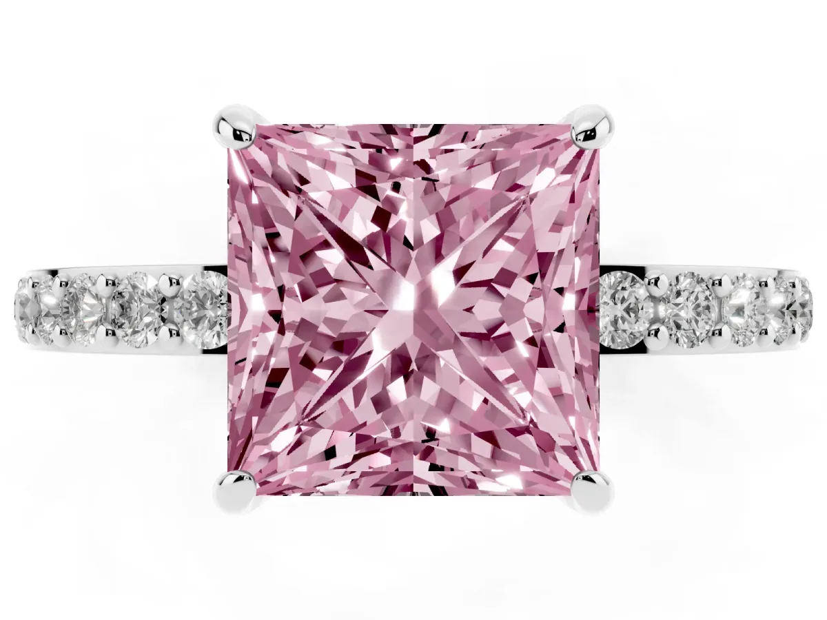 Fancy Pink Princess Cut Diamond Pavé Engagement Ring with Round Accents and Prong Setting Platinum