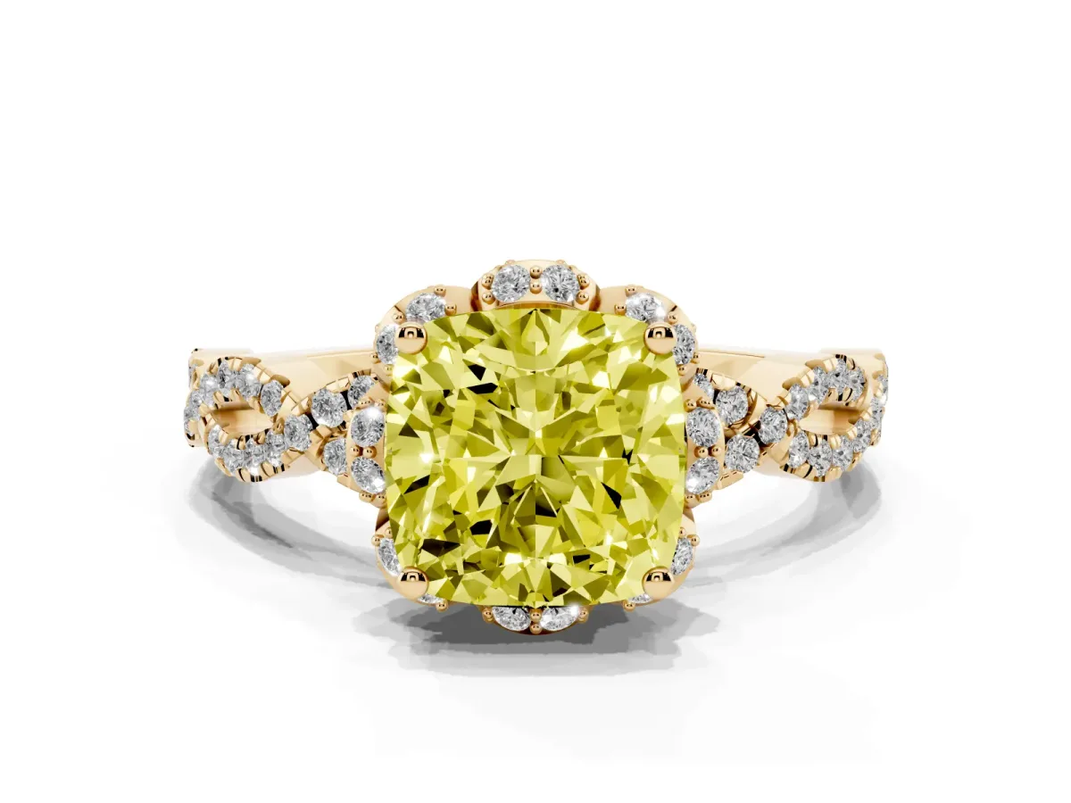 Fancy Yellow Cushion Cut Halo Twist Band Solitaire Ring with Six-Prong Setting Yellow gold