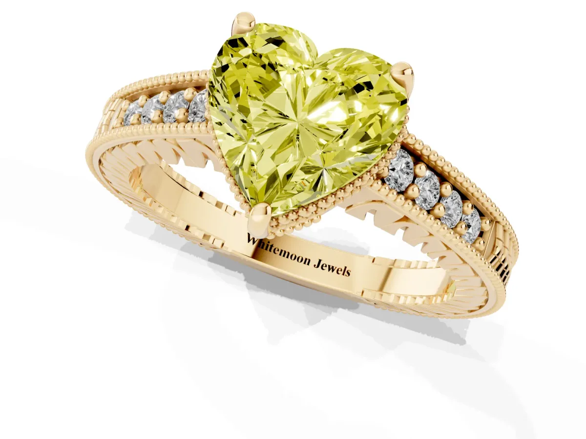 Fancy Yellow Heart Cut Solitaire Pavé Diamond Milgrain Engagement Ring with Four-Prong Setting Yellow gold