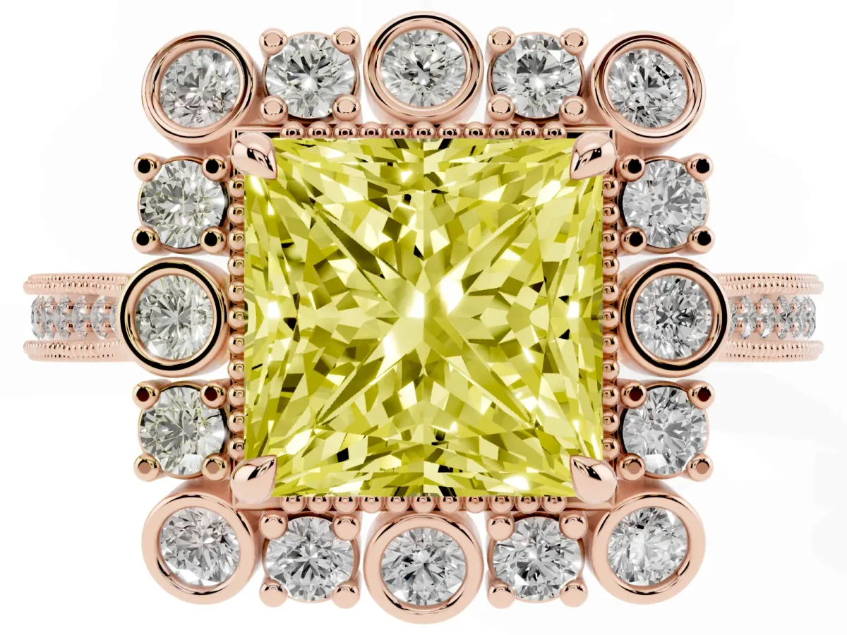 Fancy Yellow Princess Cut Halo Milgrain Pave Diamond Ring with Four-Prong Setting Rose gold