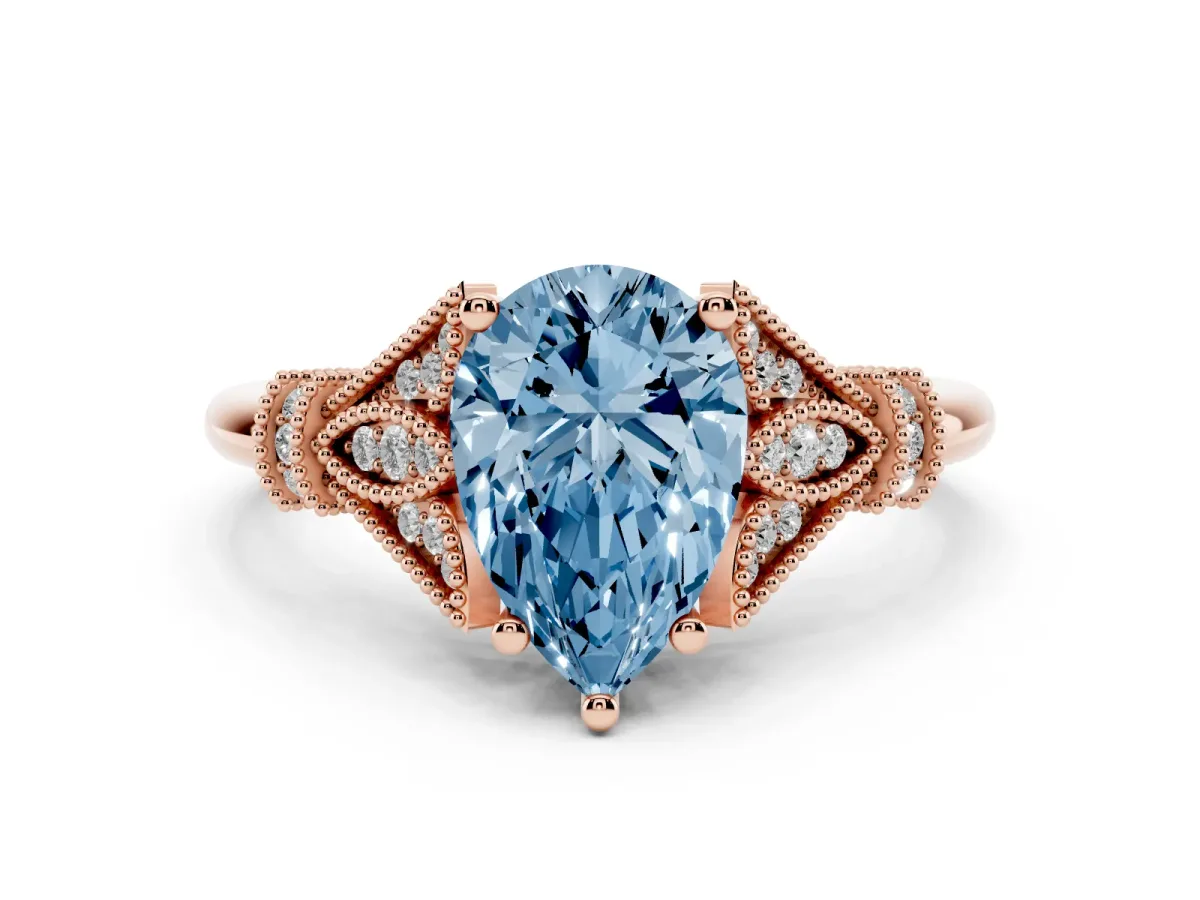 Fancy Blue Pear Cut Diamond Solitaire Ring with Floral Filigree and Pave Accents Rose gold