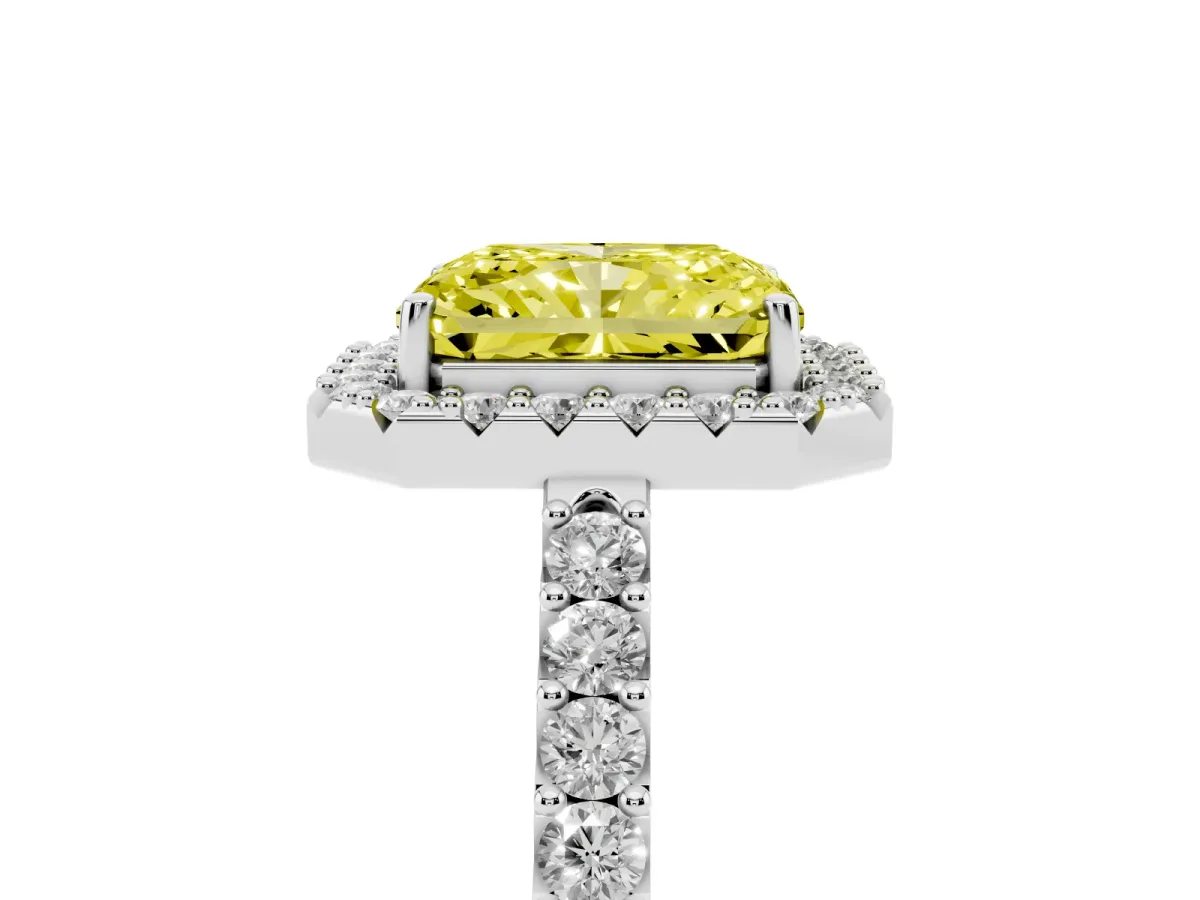 Fancy Yellow Radiant Cut Halo Diamond Pavé Solitaire Ring Platinum