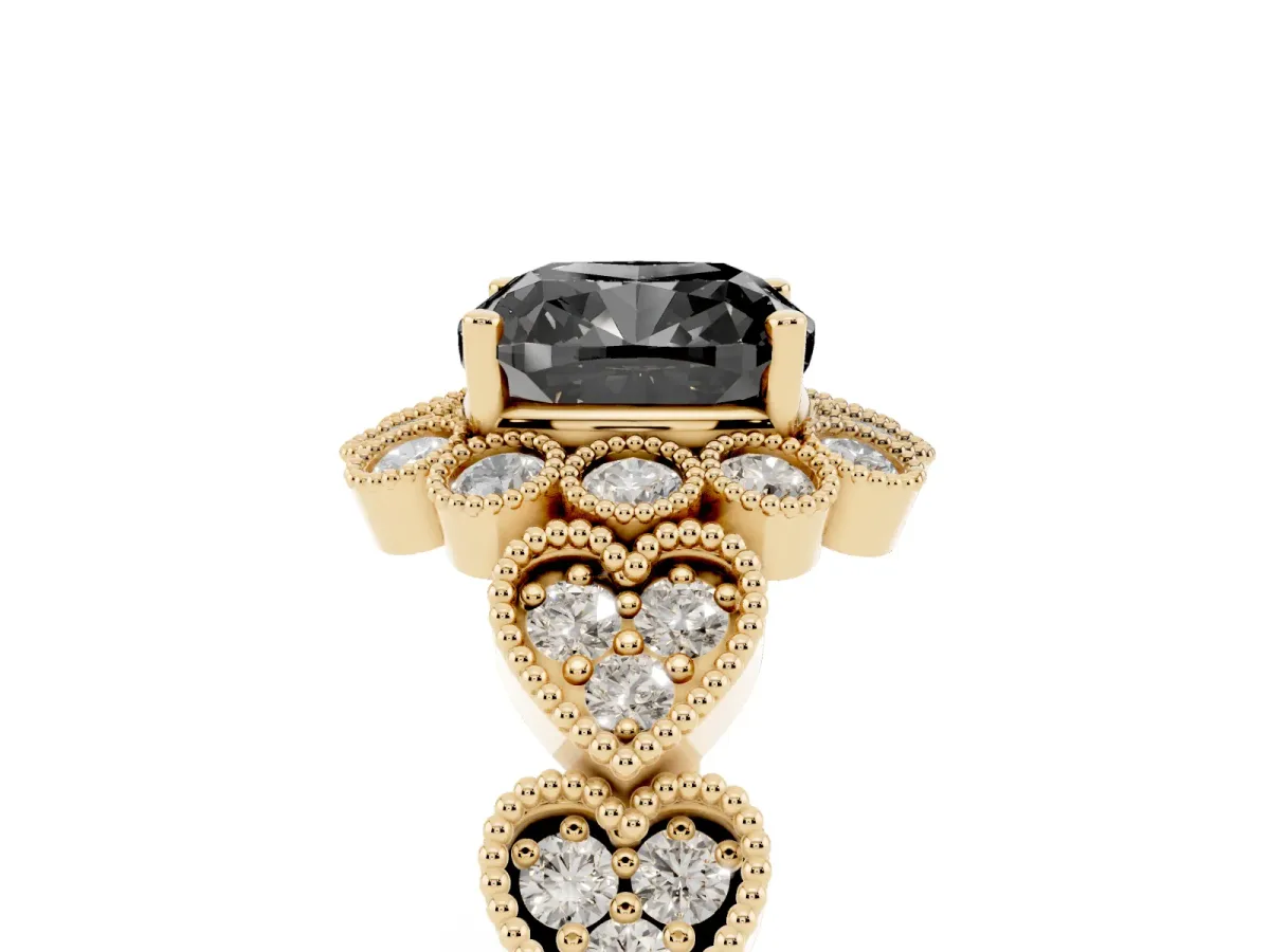Fancy Black Cushion Cut Brilliant Milgrain Pave Heart Band Solitaire Ring Yellow gold