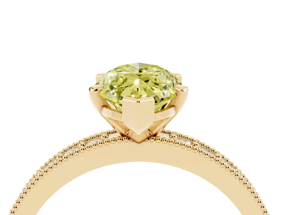 Fancy Yellow Marquise Cut Diamond Milgrain Pavé Engagement Ring with Four-Prong Setting Yellow gold